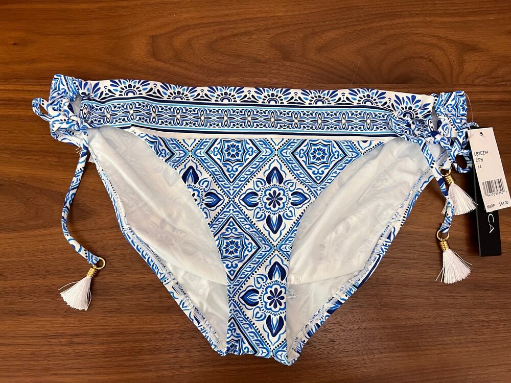La Blanca Blue Tile Print Side Tie Bikini Bottom 14 NWT